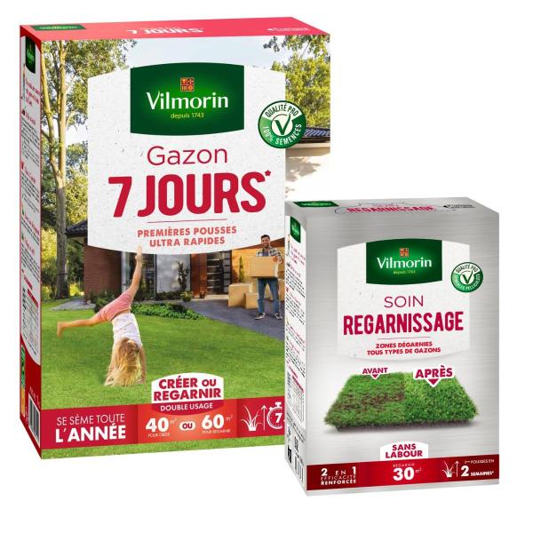 7 jours, pousse rapide - Gazon 7 jours - 1 kg + Soin Regarnissage Universel 2 en 1 - 500 g - face recto